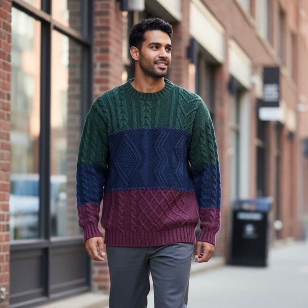Vtg County Seat Colorblock Cable Knit Sweater Mens Medium Fisherman Thick Heavy